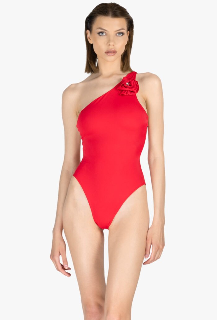 Asymmetrical red floral swimsuit